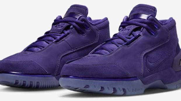 Side view of LeBron James' purple Nike sneakers.